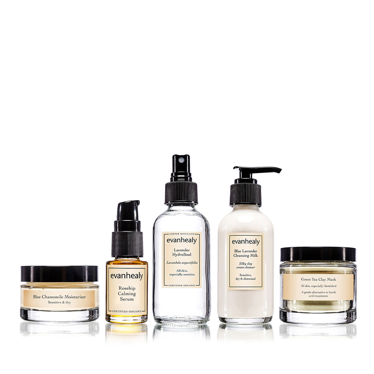 Front view of Complete Calming Ritual showcasing five skincare products against a white background