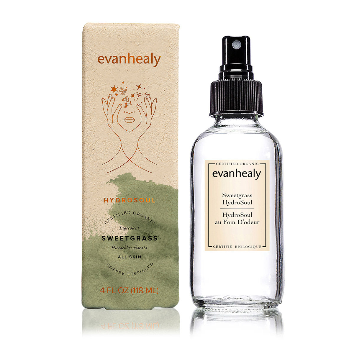 Front view of Sweetgrass HydroSoul facial tonic bottle and box showcasing clear packaging and spray pump