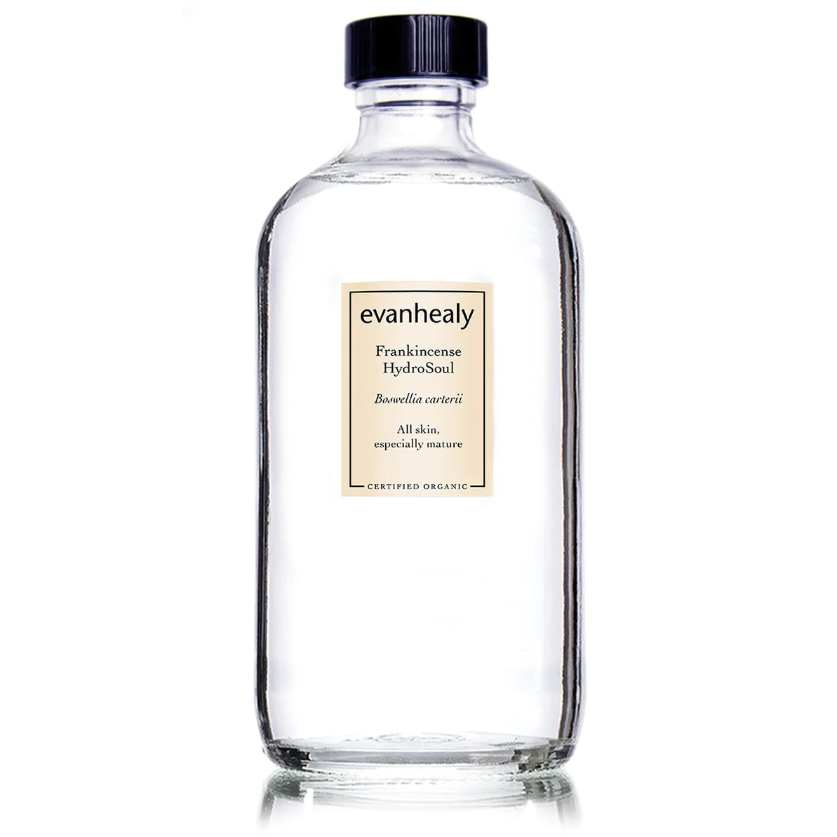 Front view of Frankincense HydroSoul refill showcasing a clear bottle with a black cap on a white background