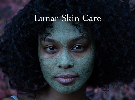Woman wearing a green facial mask looking at the camera with ‘Lunar Skin Care’ headline overlay