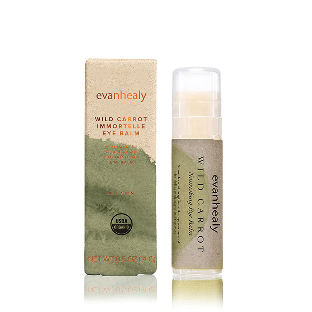 Front view of evanhealy Wild Carrot Immortelle Eye Balm showcasing its box and balm tube on a white background