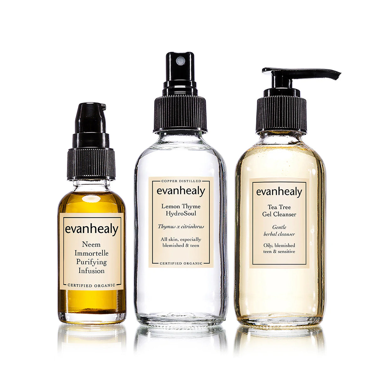 Front view of Purifying Trio with Neem Immortelle Purifying Infusion, Lemon Thyme Hydrosoul, and Tea Tree Gel Cleanser
