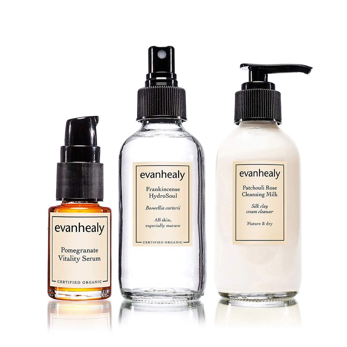 Front view of Revitalizing Trio with Pomegranate Vitality Serum, Frankincense Hydrosoul, and Patchouli Rose Cleansing Milk