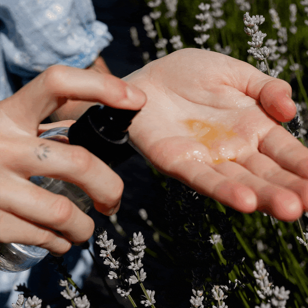 Hand spraying hydrosol into a palm that holds a few drops of golden facial oil above lavender plants