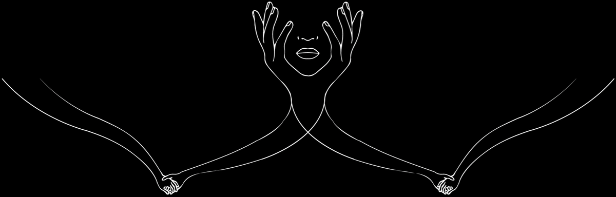 White line-art illustration of raised hands and linked arms surrounding a serene face on a black background