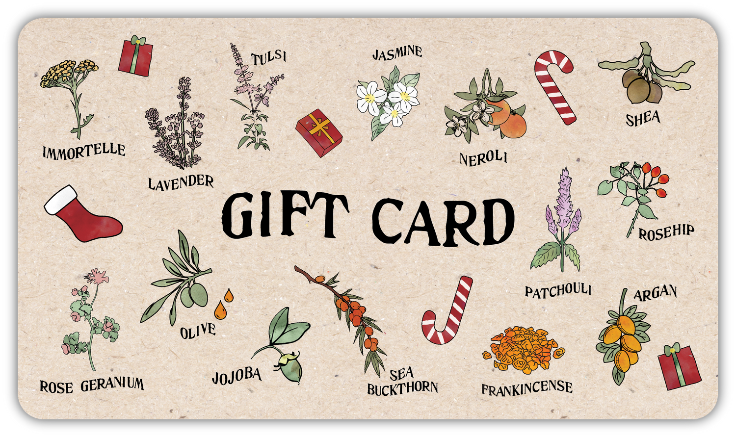 Front of eGift card showcasing botanical illustrations and GIFT CARD lettering on a beige background