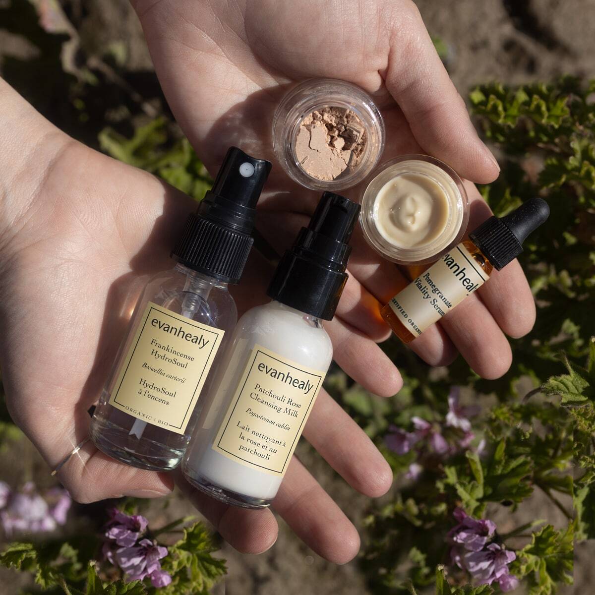Hands holding two amber dropper serums and two small cream jars over green foliage and purple flowers