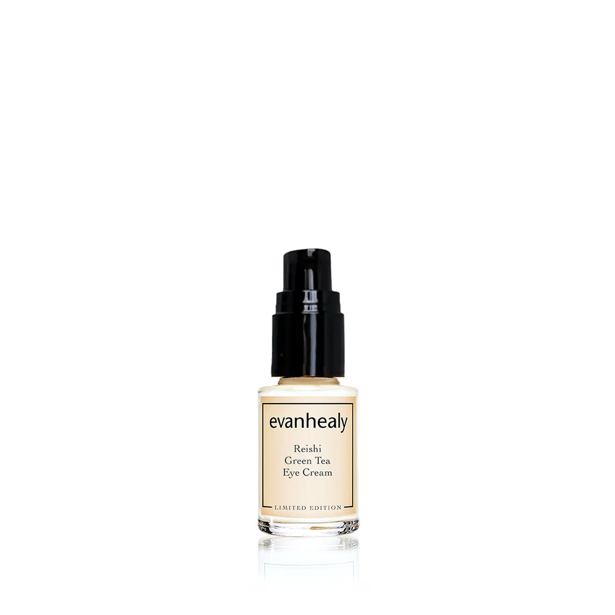 Front view of evanhealy Reishi Green Tea Eye Cream bottle with black pump and Limited Edition label on white background