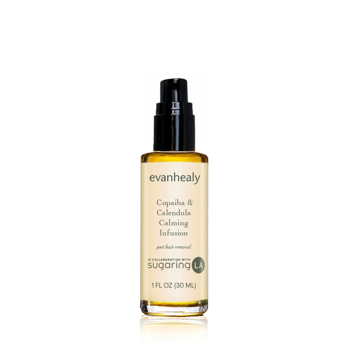 Front view of Copaiba and Calendula Calming Infusion, amber pump bottle for post hair removal, 1 FL OZ 30 ML on white