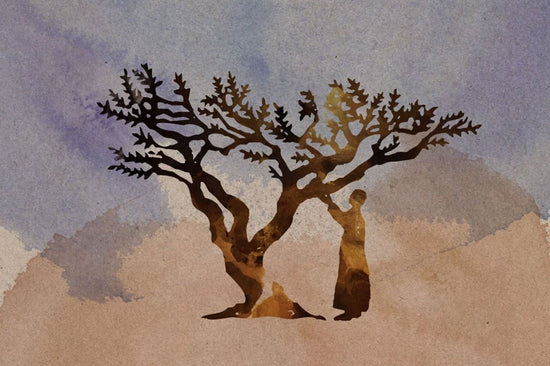 Silhouette of a person reaching up into a twisted frankincense tree against a purple and tan watercolor background