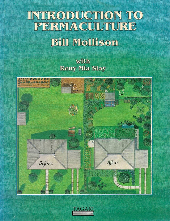 Front cover of Introduction to Permaculture showing title and a before-and-after yard illustration on a teal background