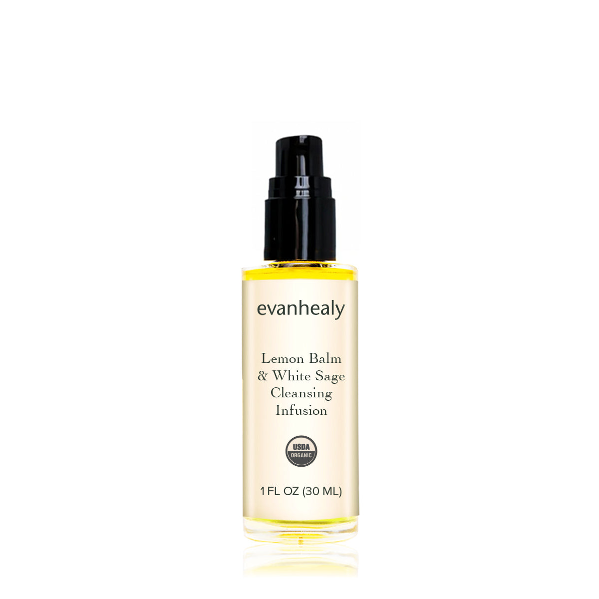 Front view of Lemon Balm and White Sage Cleansing Infusion showcasing a black pump, USDA Organic label, and 1 fl oz, 30 ml marking on white