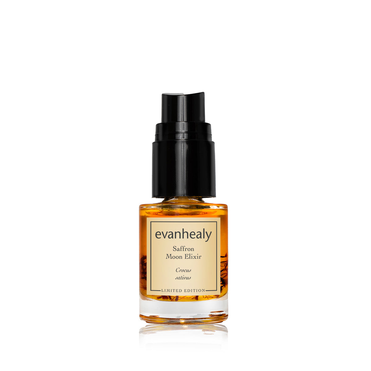 Front view of Saffron Moon Elixir bottle showcasing amber liquid and black pump with white background
