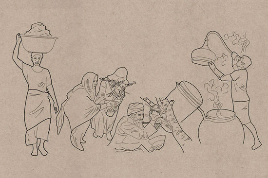 Line drawing of harvesters collecting and processing plants, sketched on a brown paper background