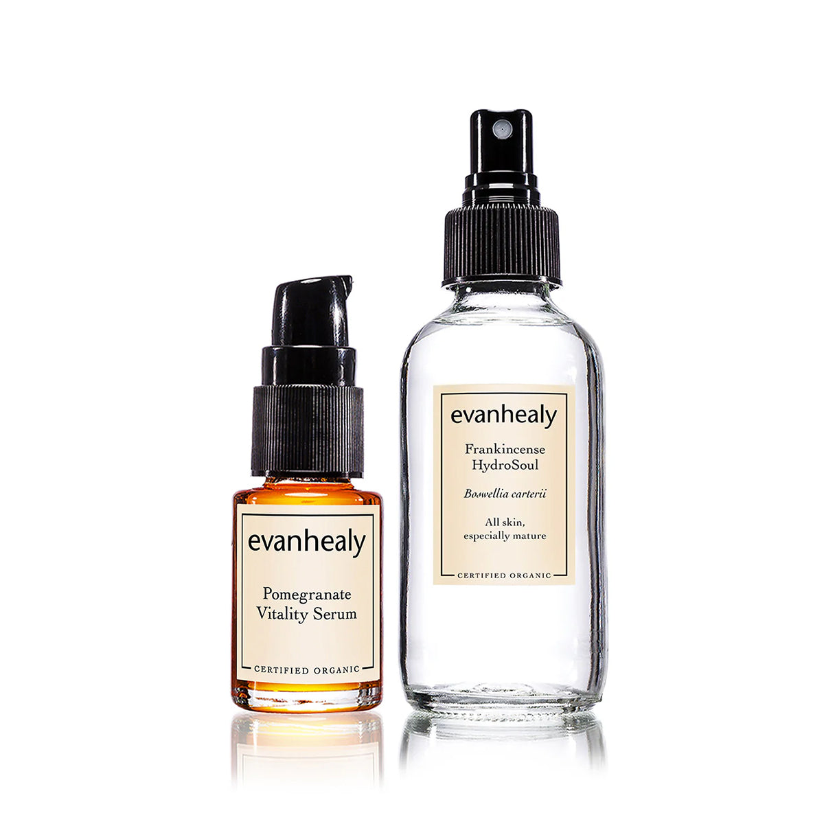 Front view of Revitalizing Duo showcasing Pomegranate Vitality Serum and Frankincense Hydrosoul with white background
