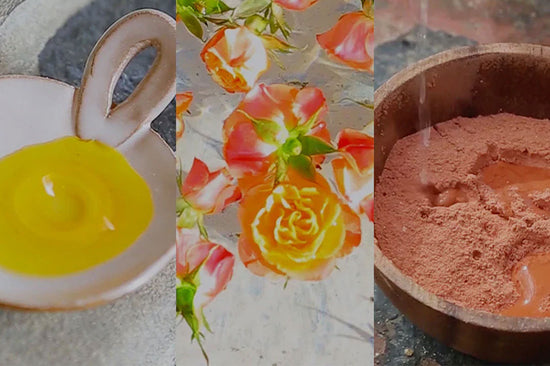 Triptych showing yellow facial oil in a ceramic dish, orange rose blossoms floating in water, and red clay powder in a wooden bowl