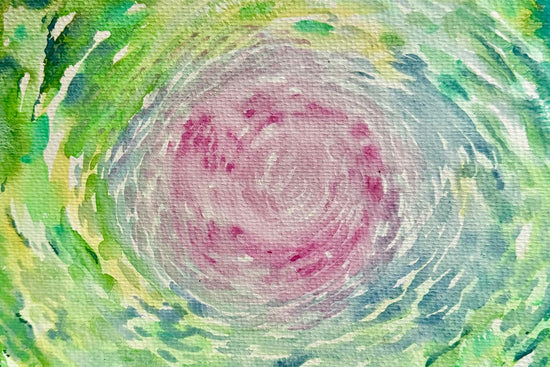 Abstract circular watercolor swirl with a rose-geranium–inspired pink center and green outer rings