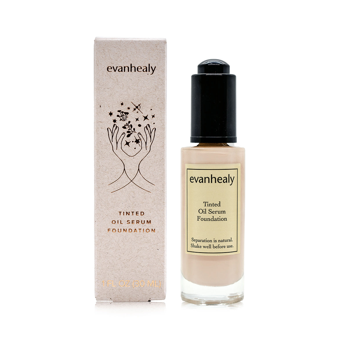 Front view of Tinted Oil Serum Foundation in shade 10 showcasing the bottle and matching box on a white background