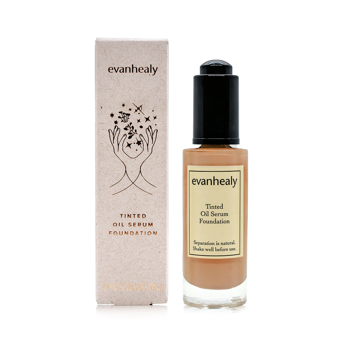 Front view of evanhealy Tinted Oil Serum Foundation showcasing the bottle and matching box on a white background