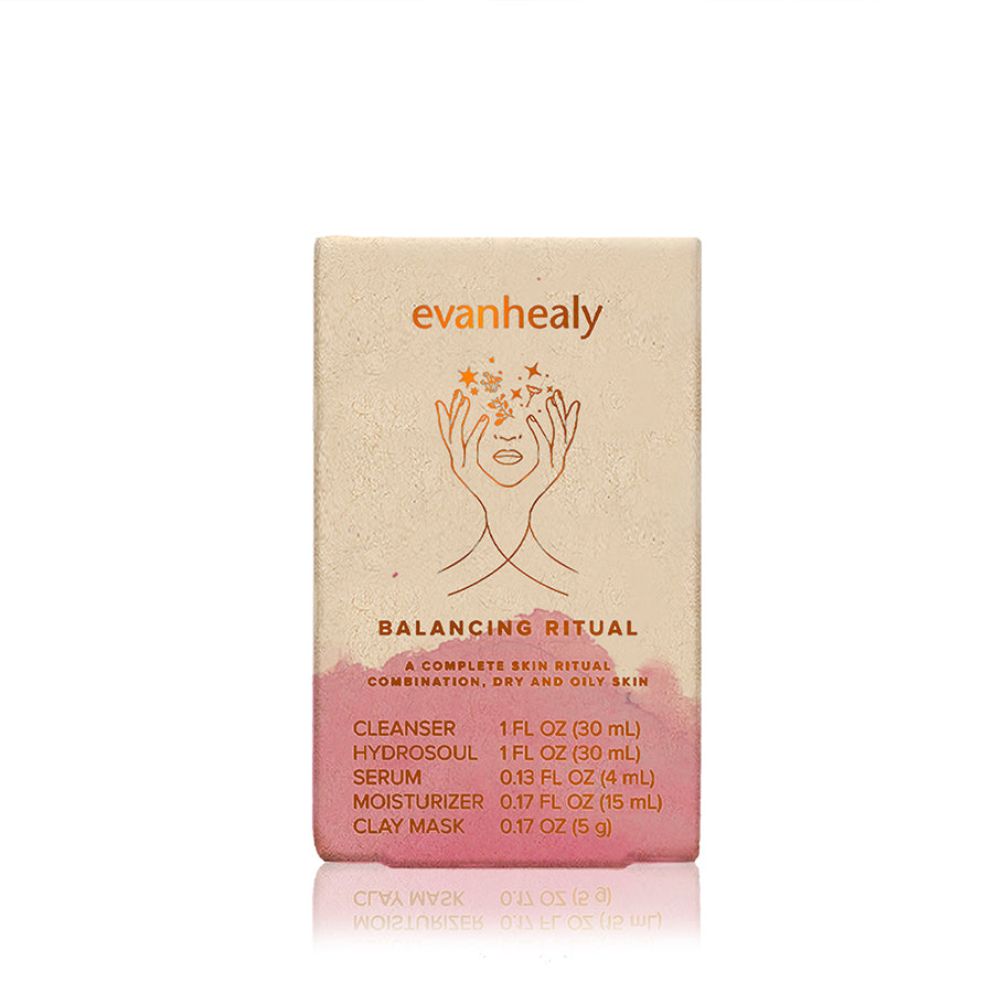 Front view of Balancing Ritual skin care kit box showing evanhealy logo and pink packaging on white background