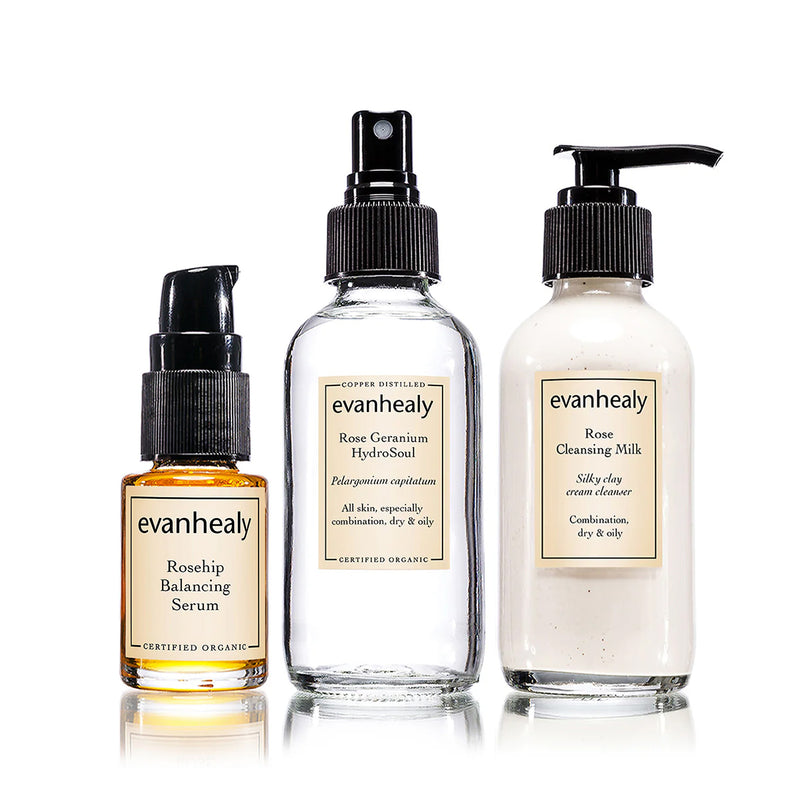 Front view of Balancing Trio with Rosehip Balancing Serum, Rose Geranium HydroSoul, and Rose Cleansing Milk