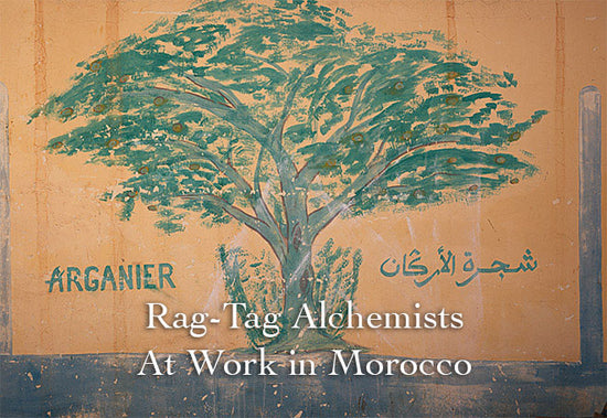 Painted argan tree mural with overlaid headline Rag-Tag Alchemists At Work in Morocco and ARGANIER in Arabic script
