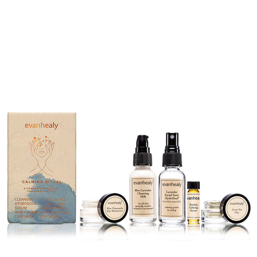 Front view of Calming Ritual starter set showcasing skincare products and matching box on a white background