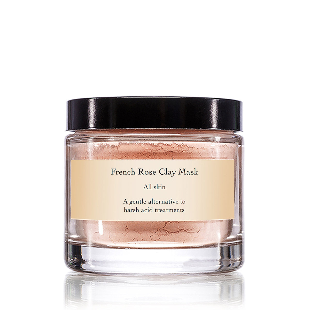Front view of French Rose Clay Mask showcasing its clear jar and black lid on a white background