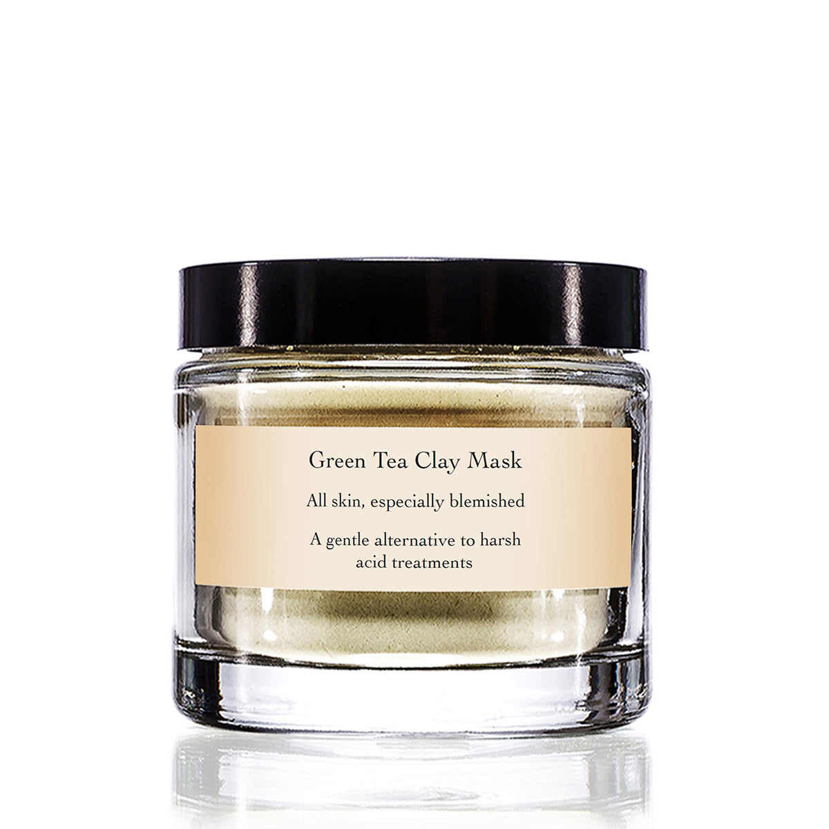 Front view of Green Tea Clay Mask in a glass jar with black lid on a white background