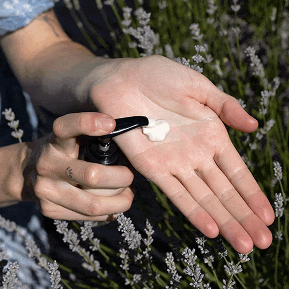 Hands dispensing Blue Lavender Cleansing Milk onto a palm over a lavender field