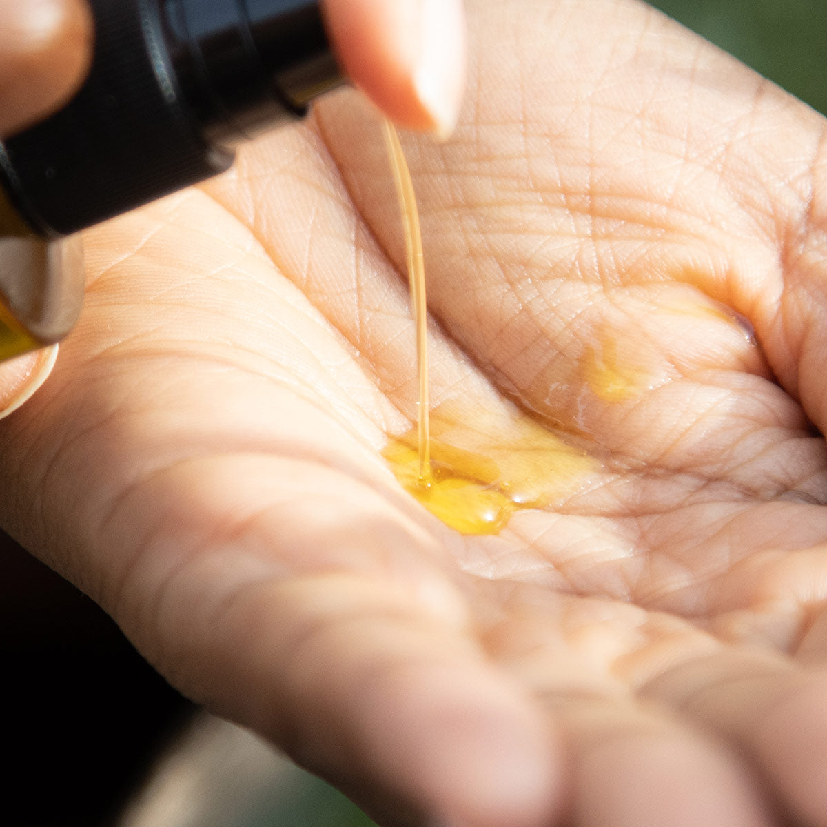 Close-up of Lemon Balm & White Sage Cleansing Infusion poured into a cupped palm showing golden oil texture on skin