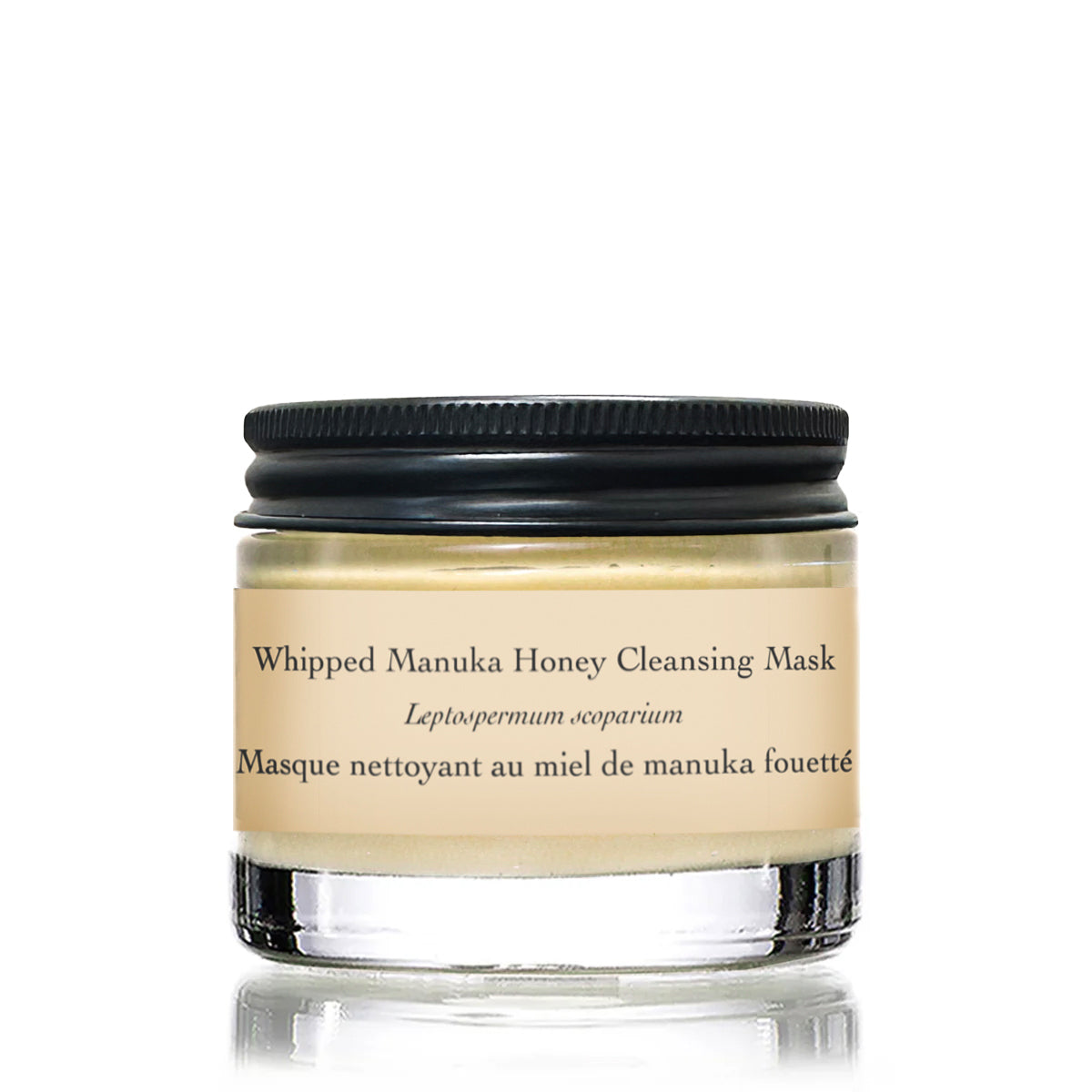 Front view of Whipped Manuka Honey Cleansing Mask jar showcasing its labeled container on a white background