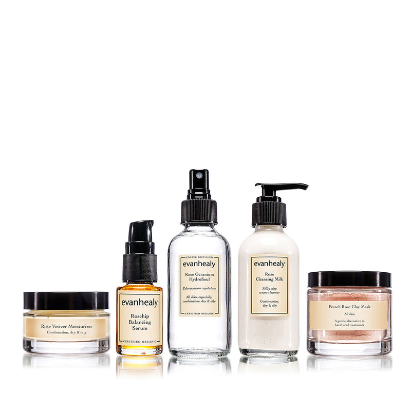 Front view of Complete Balancing Ritual skin care kit showcasing five Rose Line products on a white background