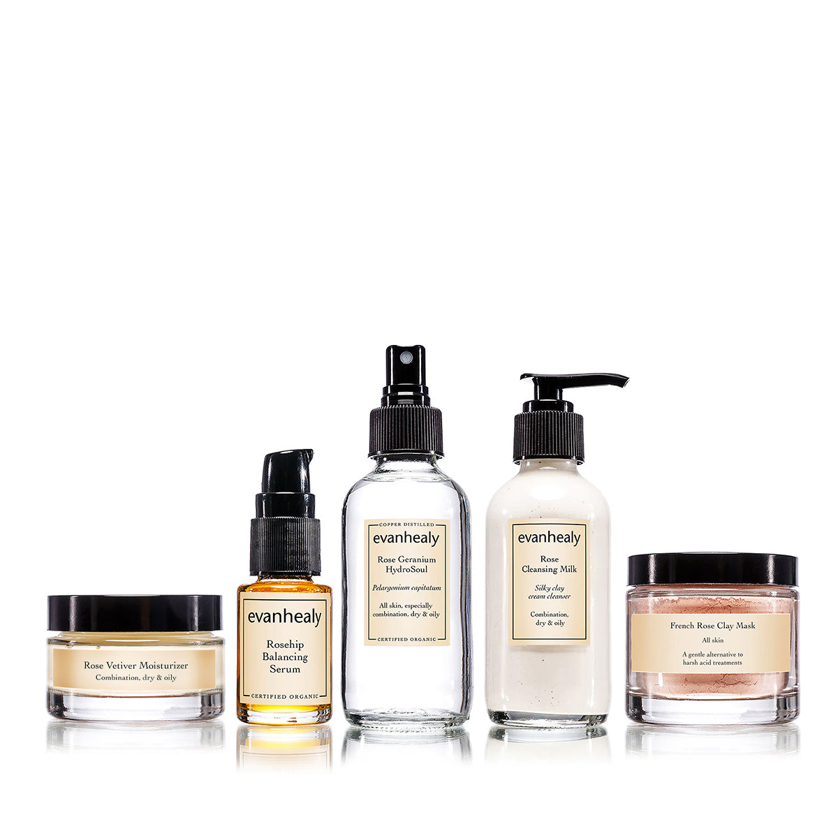 Front view of Complete Balancing Ritual skin care kit showcasing five Rose Line products on a white background