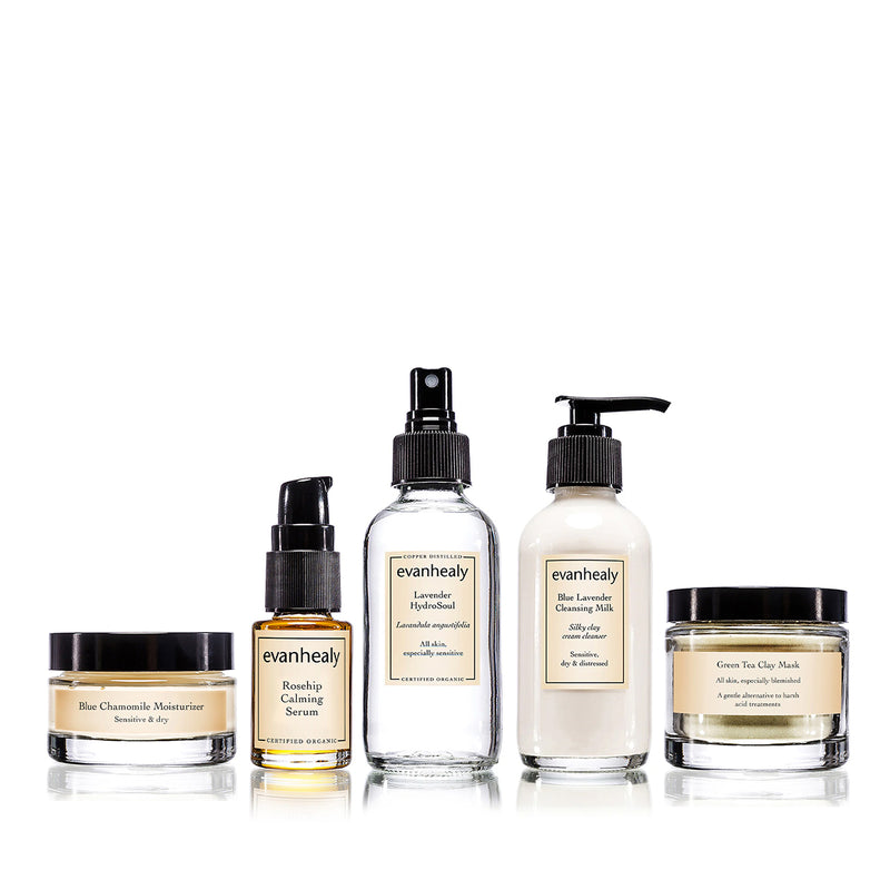 Front view of Complete Calming Ritual showcasing five skincare products against a white background