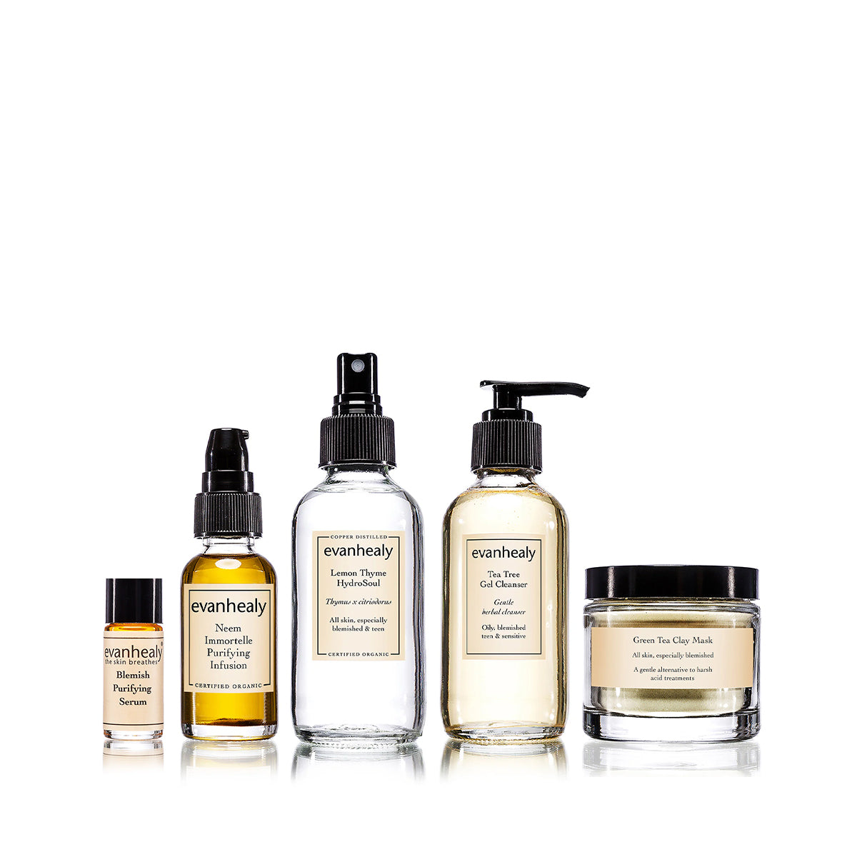 Front view of Complete Purifying Ritual skincare set showcasing five products with a white background