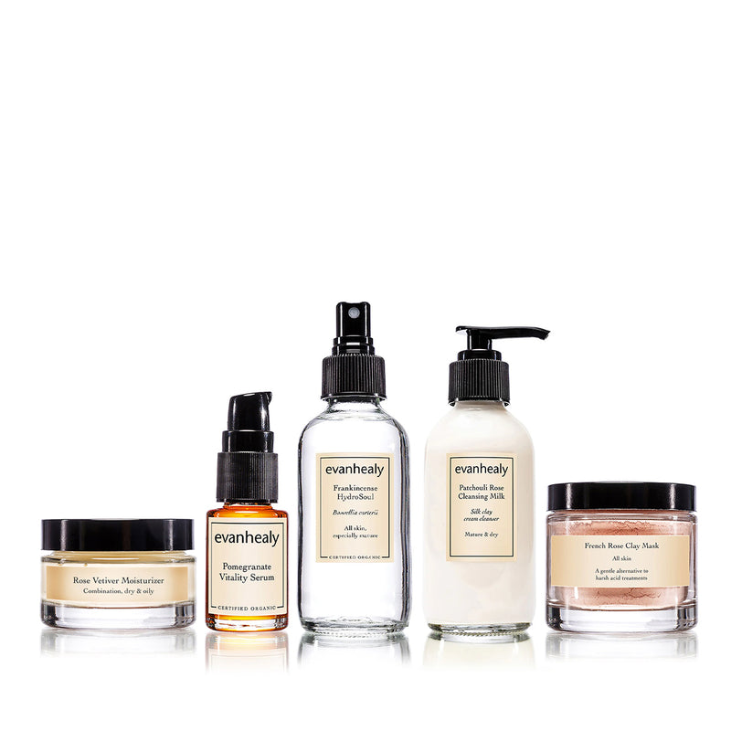 Front view of Complete Revitalizing Ritual showcasing five evanhealy skincare products on a white background