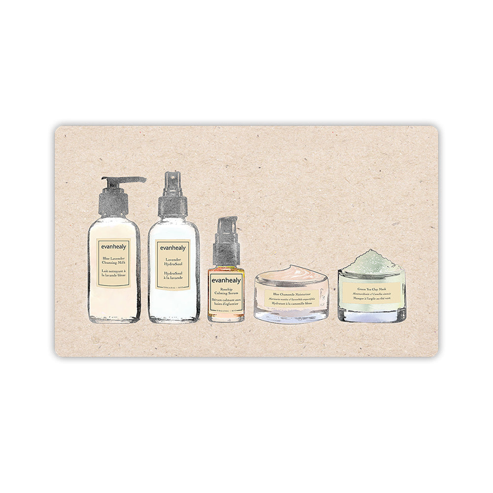 Back of evanhealy eGift card showing illustrated skincare bottles and jars on a beige textured background