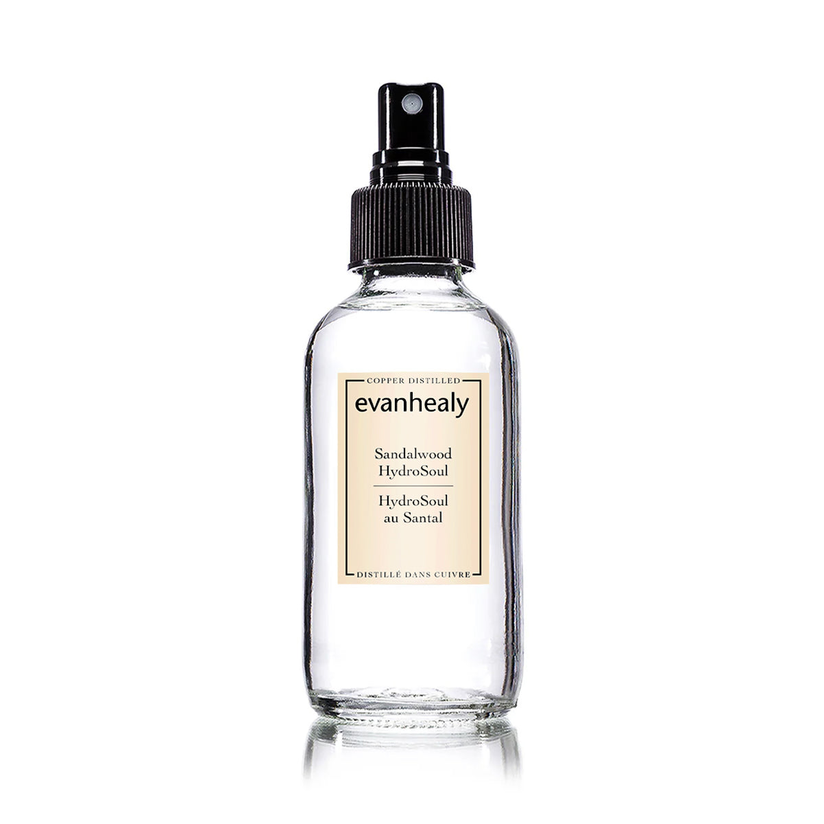 Front view of Sandalwood HydroSoul spray bottle with black spray top on white background