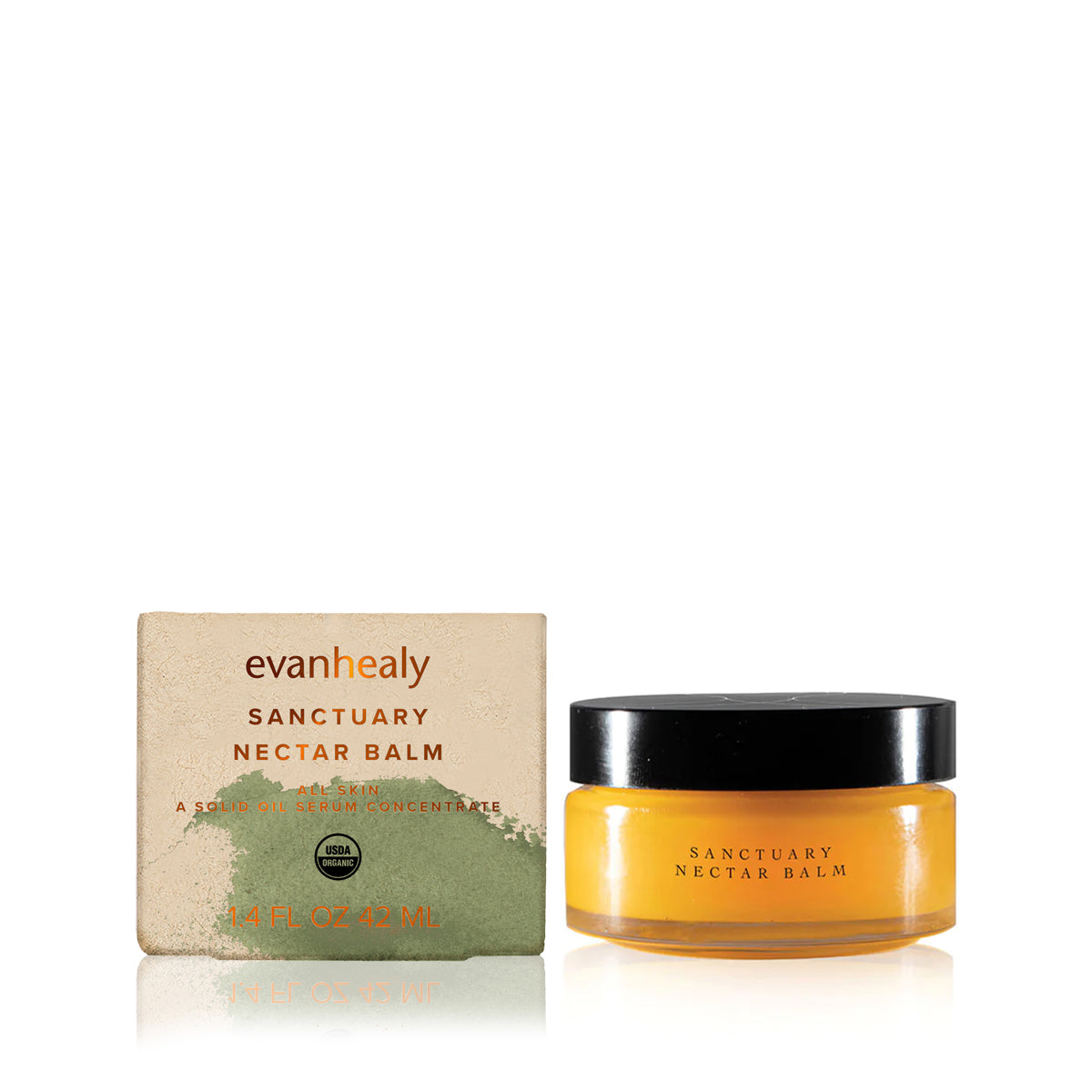 Front view of Sanctuary Nectar Balm jar and box showcasing the orange balm packaging on a white background