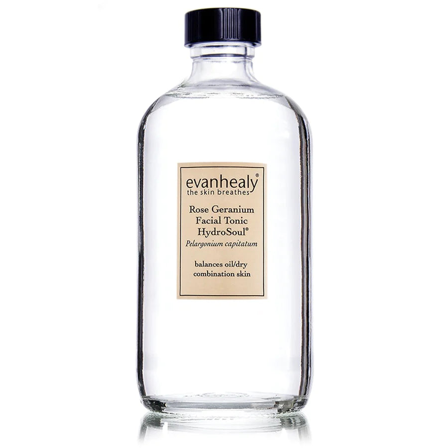 Front view of Rose Geranium HydroSoul Refill showcasing its clear glass bottle and facial tonic label against a white background