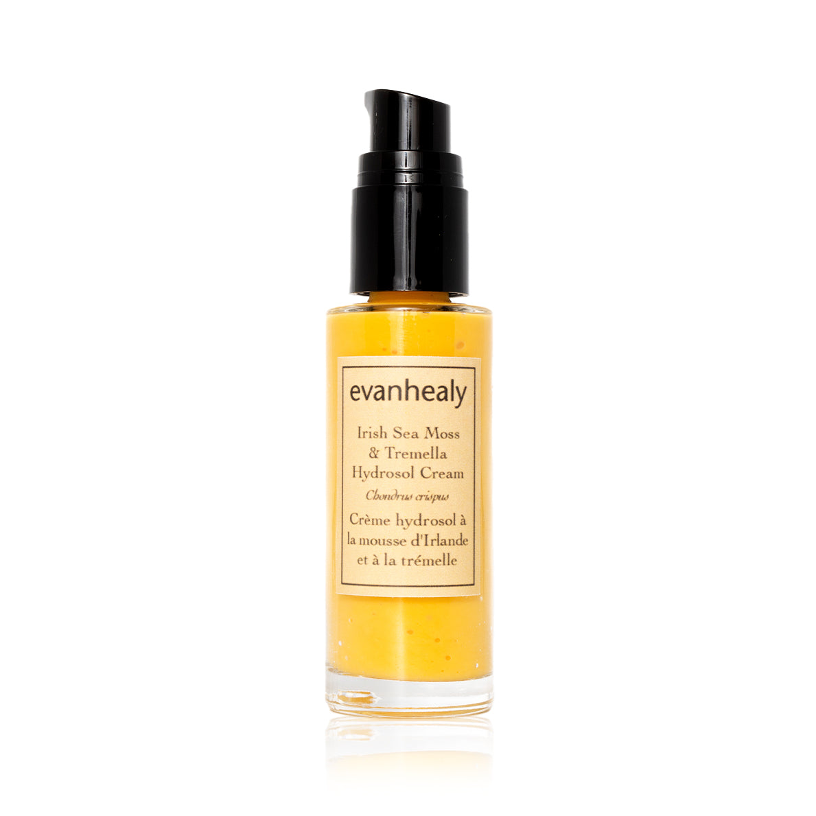 Front view of Irish Sea Moss and Tremella Hydrosol Cream pump bottle with golden lotion, black pump, and evanhealy label