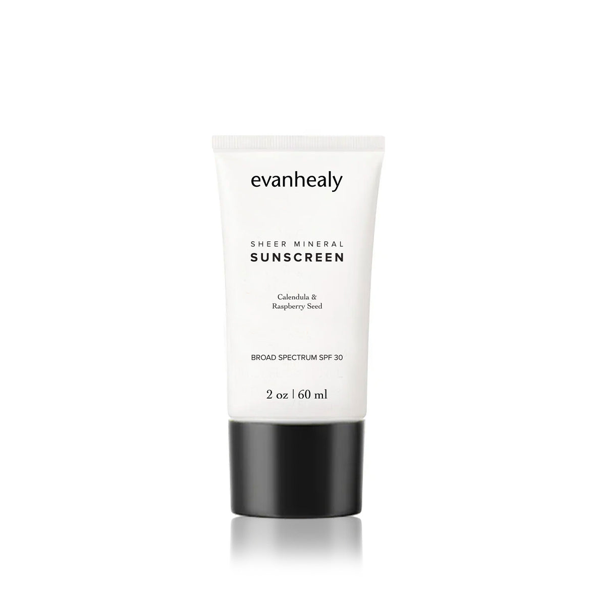 Front view of Sheer Mineral Sunscreen Broad Spectrum SPF 30 tube showcasing clean white packaging and black cap on white background