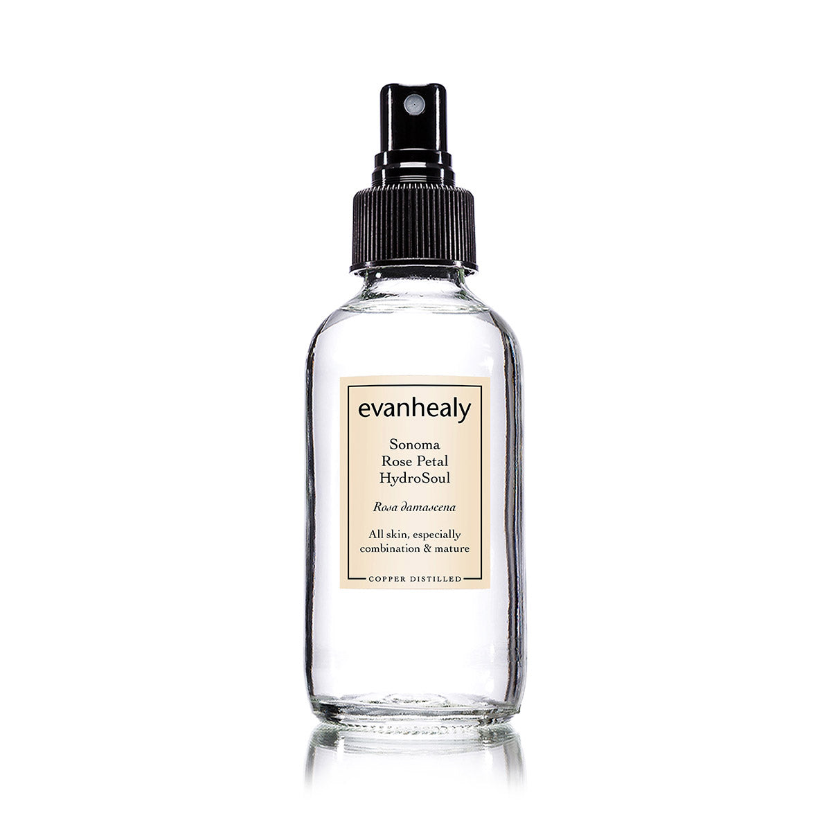 Front view of Sonoma Rose Petal HydroSoul spray bottle showcasing its black pump and clear bottle on white background