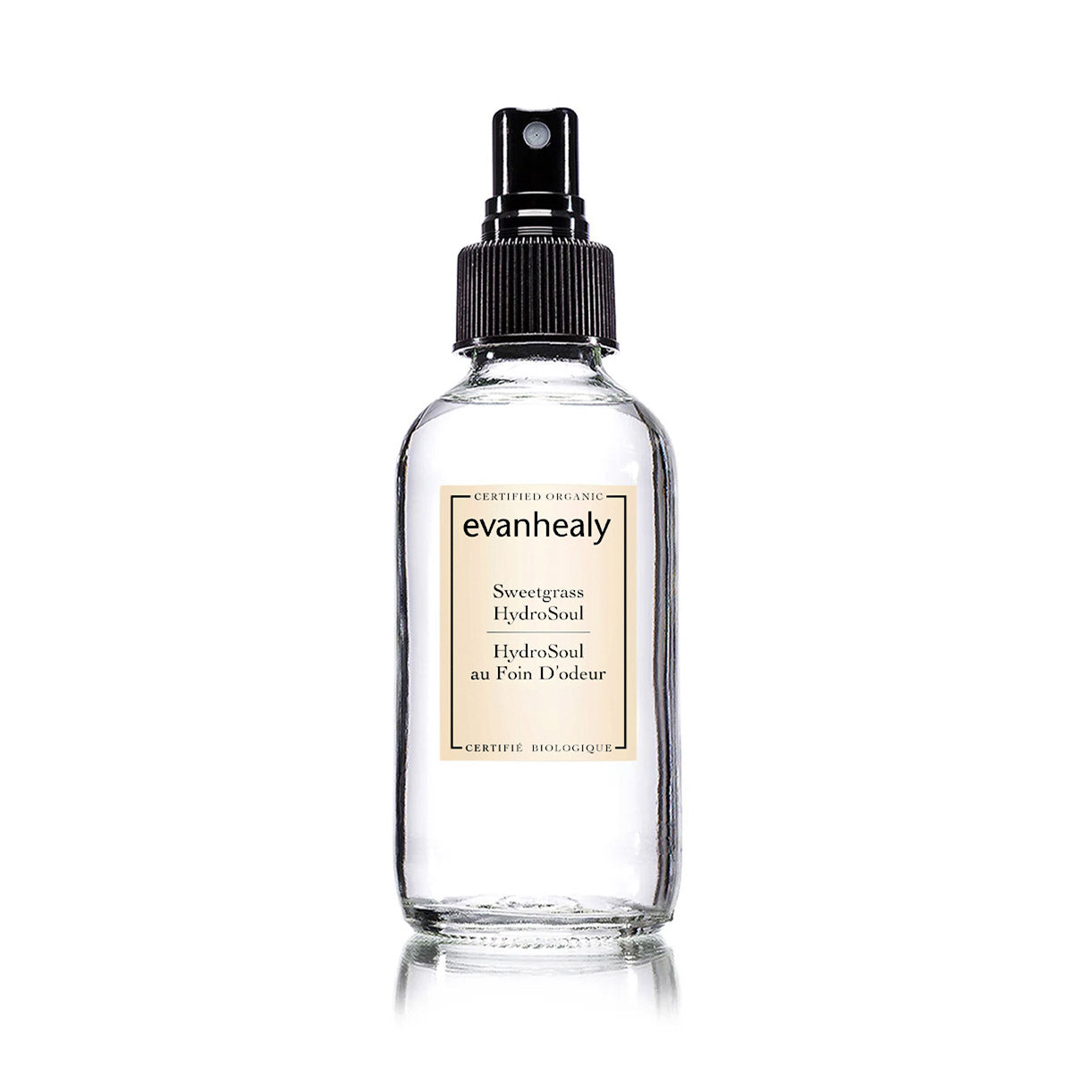 Front view of Sweetgrass HydroSoul showcasing its clear spray bottle and black pump against a white background