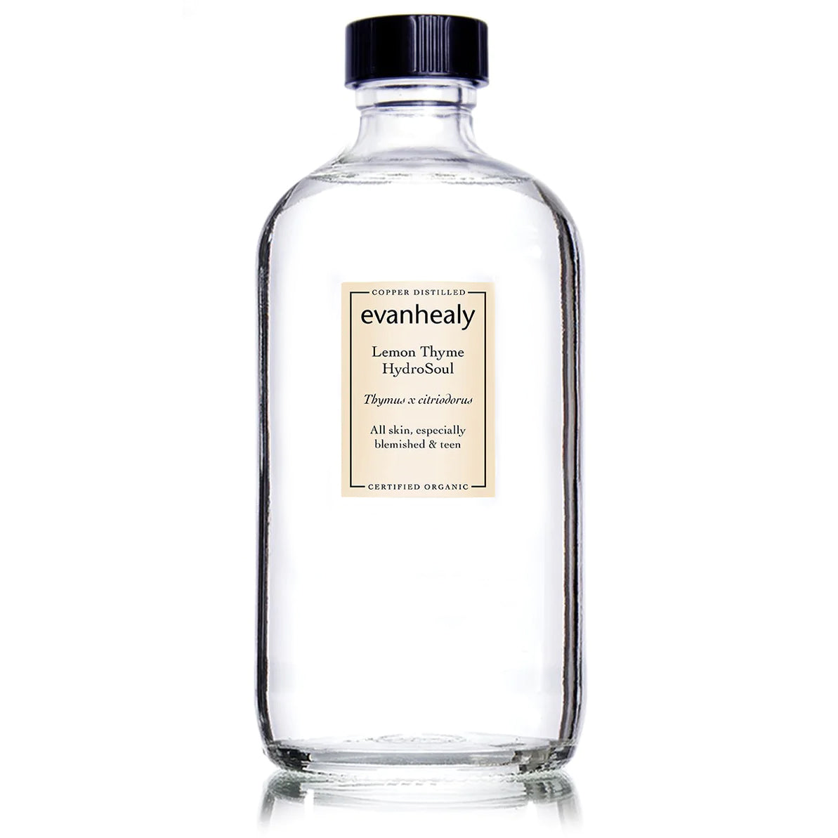 Front view of Lemon Thyme HydroSoul Refill bottle showcasing its clear glass container and black cap on a white background