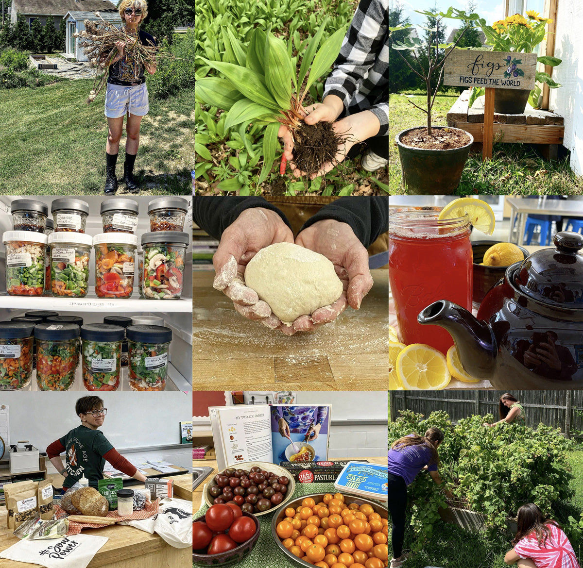 Nine-photo collage of school garden and food activities: harvesting, seedlings, jars of salads, dough being shaped, and tea