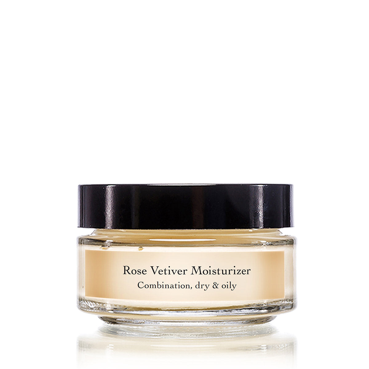 Front view of Rose Vetiver Moisturizer jar showcasing glass packaging and cream-colored product on a white background