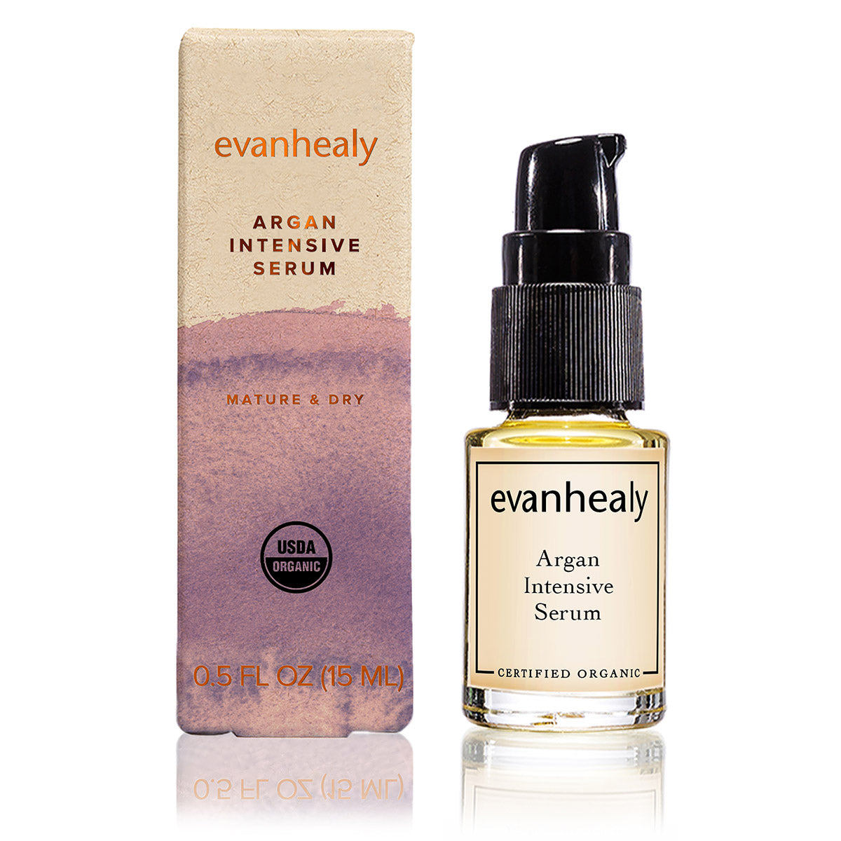 Front view of Argan Intensive Facial Serum bottle and box showcasing labeled packaging on a white background