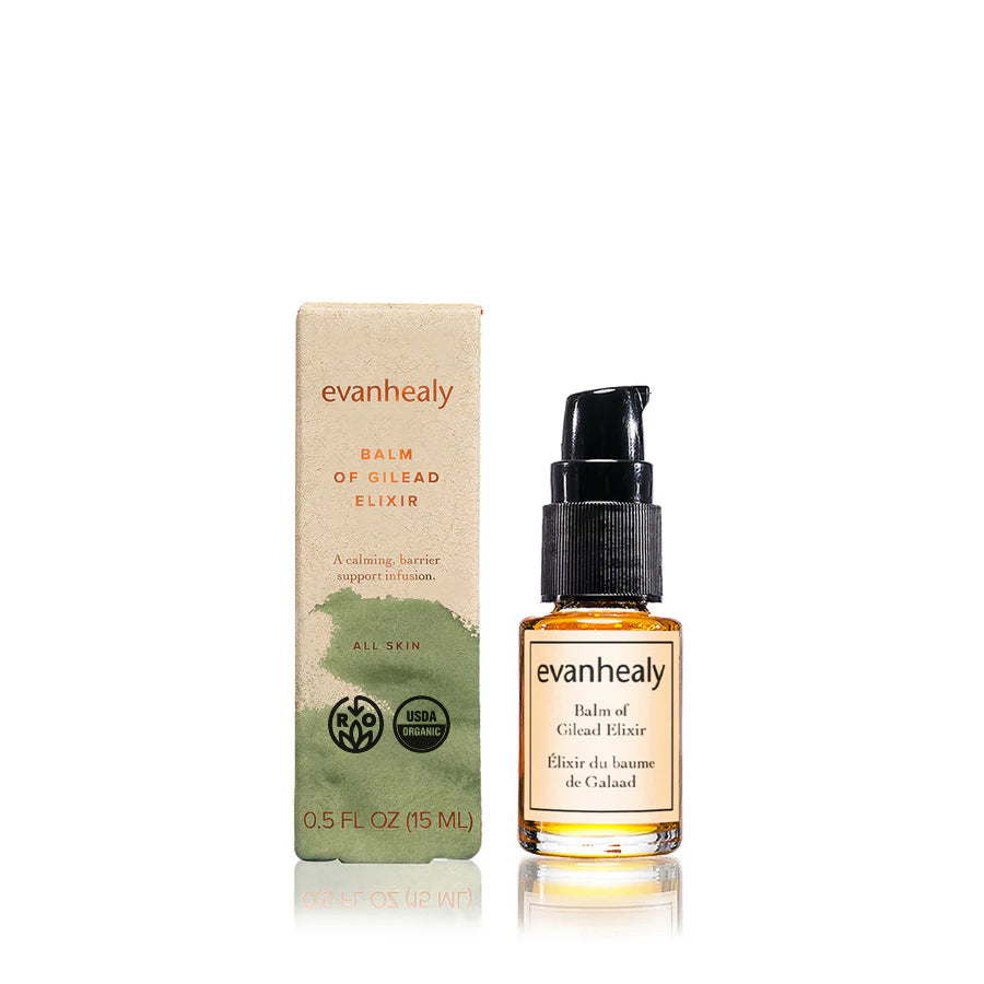 Front view of Balm of Gilead Elixir showcasing pump bottle, boxed packaging, and 15 mL size on a white background